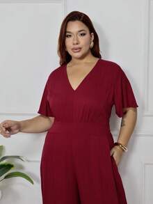 Women's Plus Size Plain Long Jumpsuit, Wide Leg, Short Sleeve, V-Neck, Ruched Front, Comfortable - 紅木色 - 查看 9
