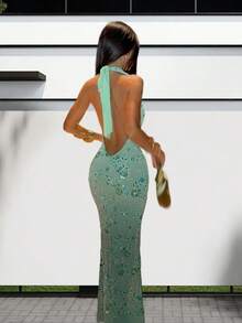 Women's Long Dress Fashionable Elegance Temperament Fresh Personality Sequins Shiny Sleeveless Sexy Backless Dress Beaded Artistic Sense V-Neck Large Open Back Long Dress - 綠色 - 查看 2