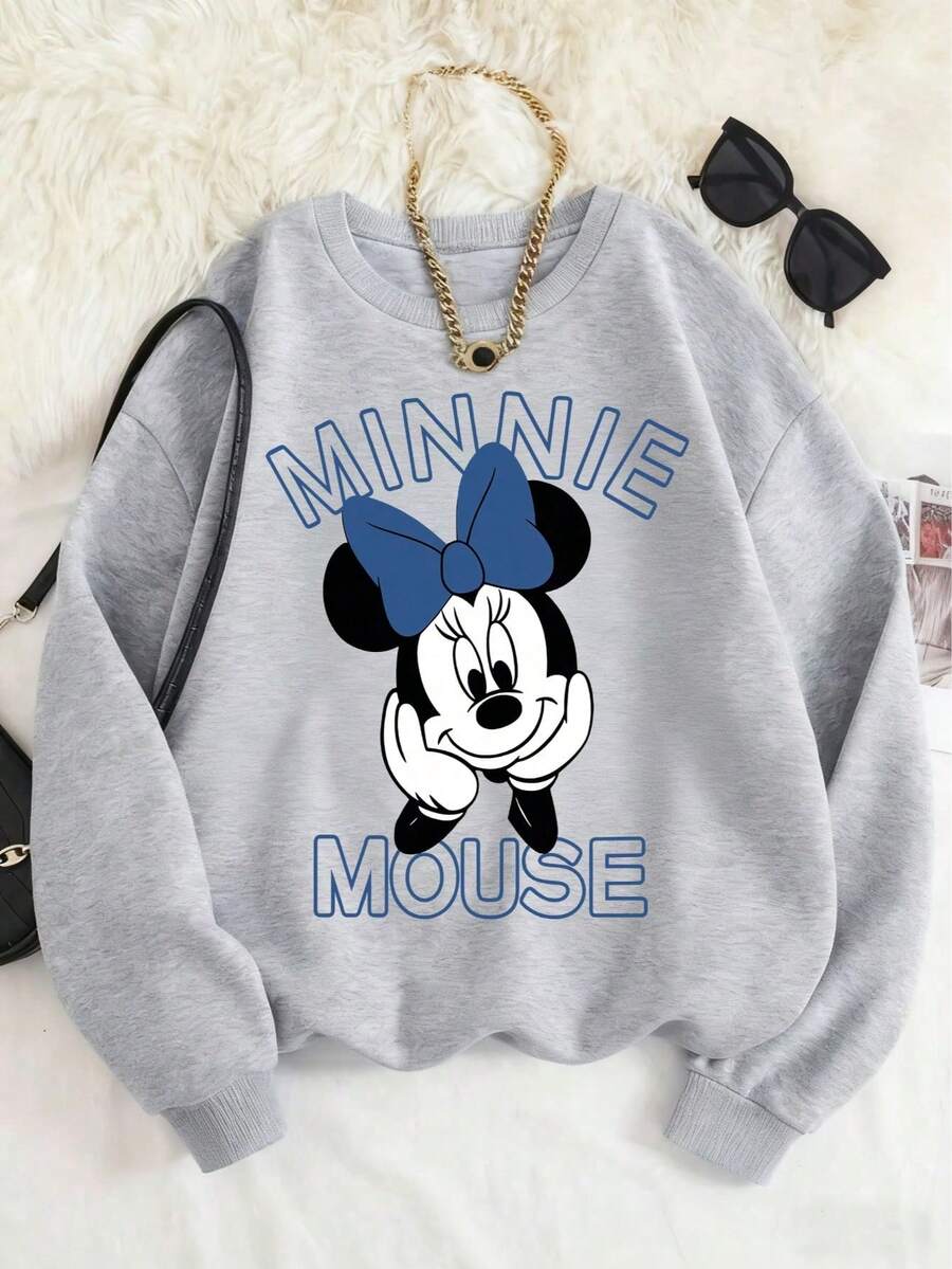 Disney Official Licensed Minnie Mouse Adorable Print Girls Cute Style Sweatshirt Lightweight & Easy To Care Versatile Daily Casual Wear - 灰色 - 查看 1
