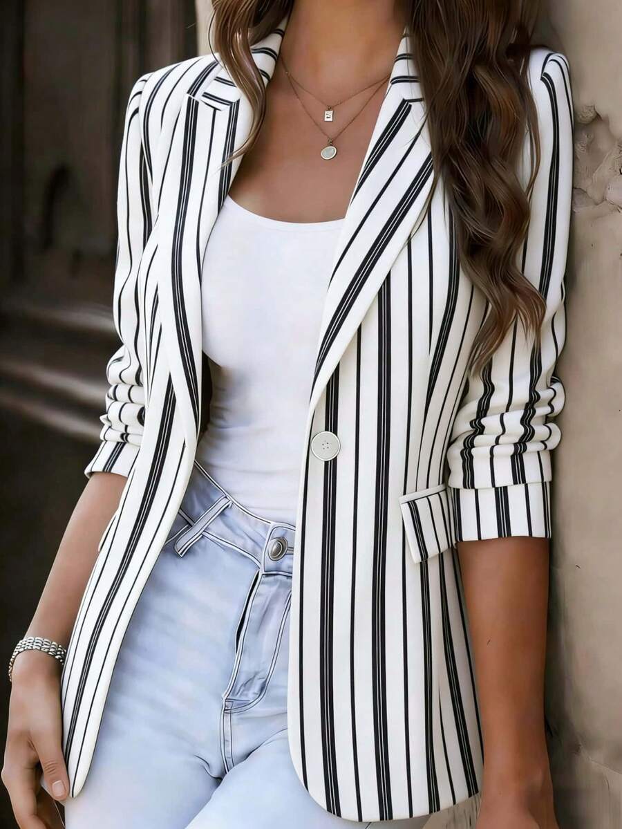 Chaqueta de blazer de manga larga a rayas de poliéster con solapas de pico y cierre de botones de longitud regular para mujer, primavera - Blanco y Negro - Ver 1