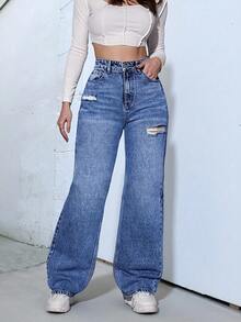 Jeans de pierna recta de talla grande, con detalles desgastados, longitud larga, tela sin estiramiento, para mujer casual de primavera - Azul lavado medio - Ver 2