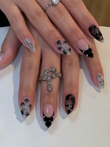 10pcs Y2K Black 3D Floral Silver Bead Black Halo Full Cover Almond Shaped False Nail Tips, Suitable For Women & Girls Party, Office, Daily Wear, Includes 1 Nail Sticker Sheet & 1 Mini Nail File, Random Jelly Gel - Multicolor - View 1