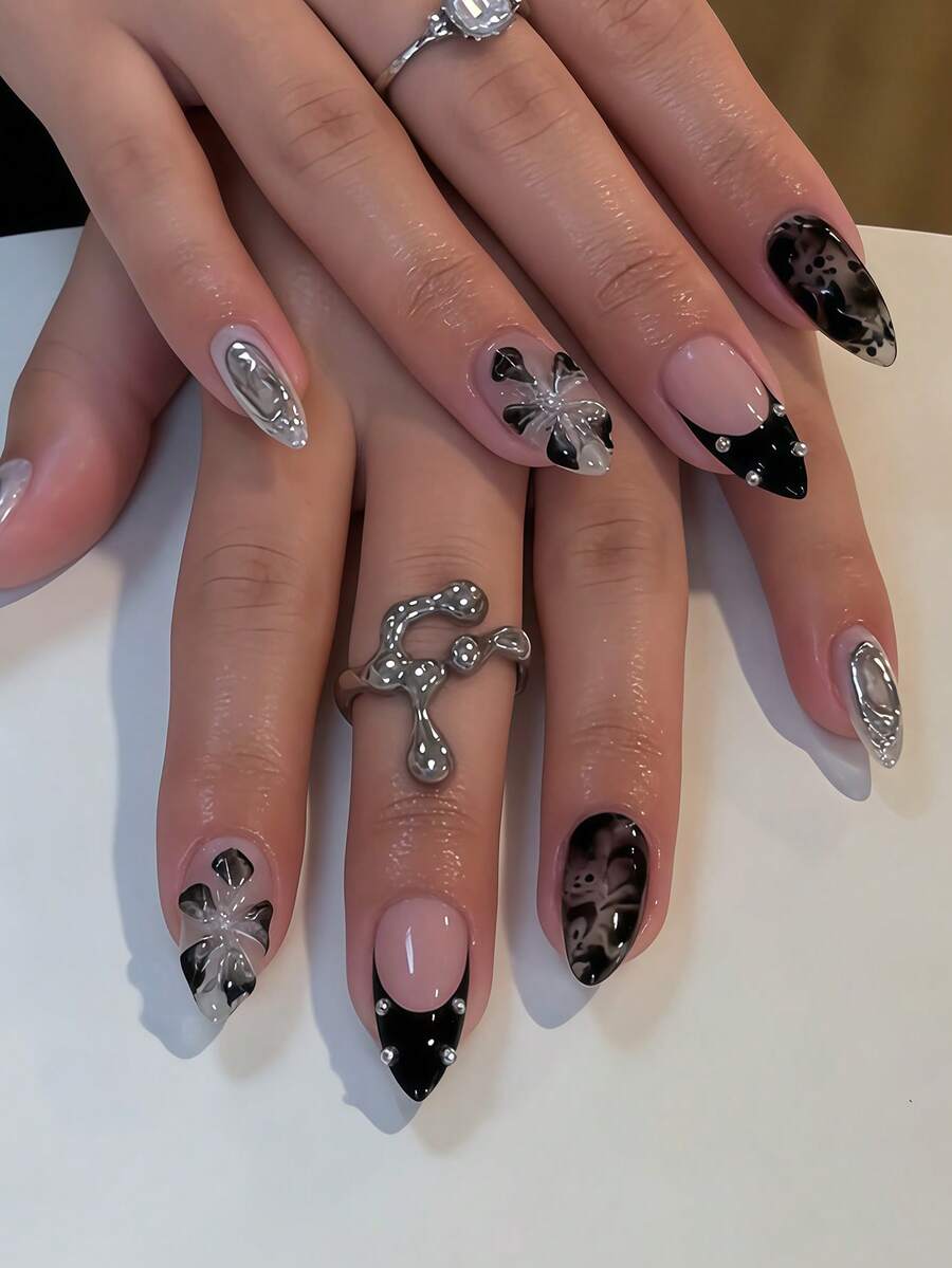 10pcs Y2K Black 3D Floral Silver Bead Black Halo Full Cover Almond Shaped False Nail Tips, Suitable For Women & Girls Party, Office, Daily Wear, Includes 1 Nail Sticker Sheet & 1 Mini Nail File, Random Jelly Gel - Multicolor - View 1
