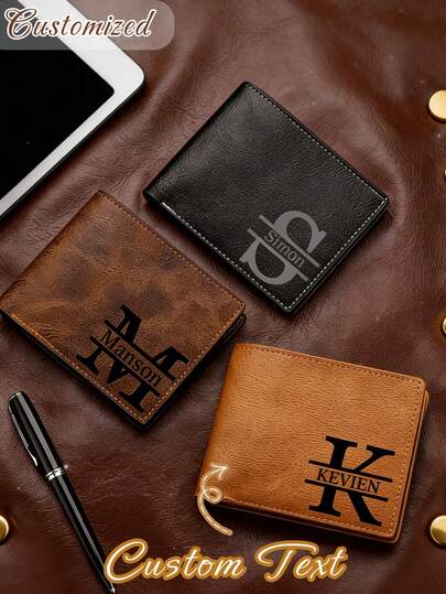 Personalized Men's Wallet, Customizable Name, Business Style, Short Bifold Wallet, Artistic Letter Design, Multi-Color Options, Casual Fashion Accessory, No Lining, Coin Pouch, Cleanable With Wet Wipes, Suitable For Christmas, New Year, Valentine's Day, Birthday, Anniversary Gifts