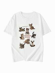 女士圆领短袖T恤，夏季新款猫咪图案字母印花，时尚休闲百搭宽松上衣 - 白色 - 查看 3