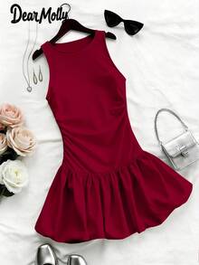 DEAR MOLLY 女士优雅无袖圆领红色短裙，适合叠穿，可作正式场合穿着，是外出、派对、约会等春季活动的完美之选。 - 酒紅色 - 查看 2