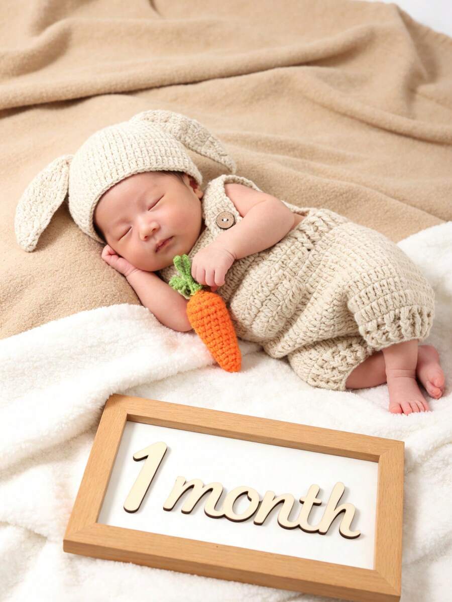 Bộ 3 món đồ chơi móc len thủ công cho bé sơ sinh: Mũ, yếm và búp bê nhồi bông hình củ cà rốt, thích hợp làm quà tặng khi tắm, sinh nhật hoặc chụp ảnh. - Màu be - Xem 1