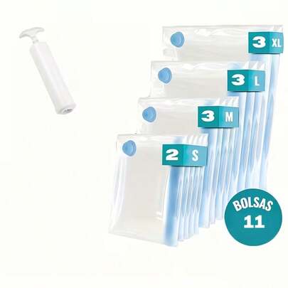 衣物压缩袋、毯子压缩袋、11 件套配件、小型物品压缩真空包装收纳袋、节省空间收纳、旅行收纳、家用、高耐用性、宿舍用、可重复使用、搬家、商用。