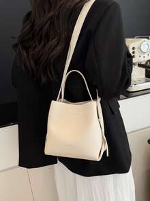 Fashionable Women's Handbag, Minimalist Brown Tote Bucket Bag, PU Material Vintage Commuter Versatile Shoulder Bag, Suitable For Ladies Shopping And Daily Use - Beige - View 3