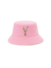 1顶女童粉色花卉字母图案渔夫帽，26个字母个性化时尚款，复古优雅轻便防晒，适合生日、节日、返校、四季休闲、户外、日常佩戴 - 粉色 - 查看 34