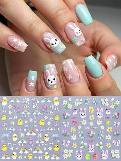 2pcs 5D Rabbit, Duck, Flower, Rainbow, Tulip Embossed Nail Art Stickers, Cartoon Animal Decals, Spring Themed Self-Adhesive Nail Decorations, Cute Japanese Nail Art Supplies