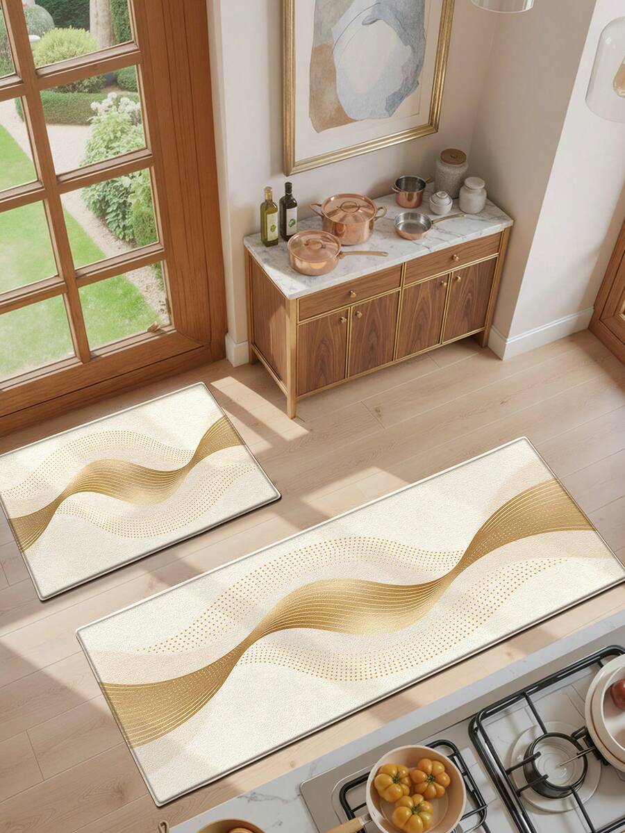 1pc Modern High-End Style Running Carpet Kitchen Mat, Luxury Gold Wave Long Kitchen Floor Mat Suitable For Bathroom, Kitchen, Outdoor, Indoor, Hallway, Bedroom, Living Room, Machine Washable - Multicolor - View 1