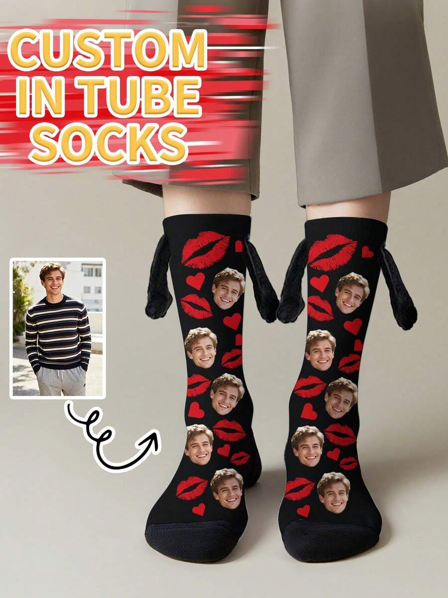 1 Pair Of Customized Face Children's Mid Tube Holding Hands Series Medium Socks, Put Any Face On The Socks, Personalized Socks With Photos, Interesting Customized Pictures With Medium Stockings, Suitable For Valentine's Day, Birthday, Gift Giving And Other Occasions, Personalized - Multicolor - View 1