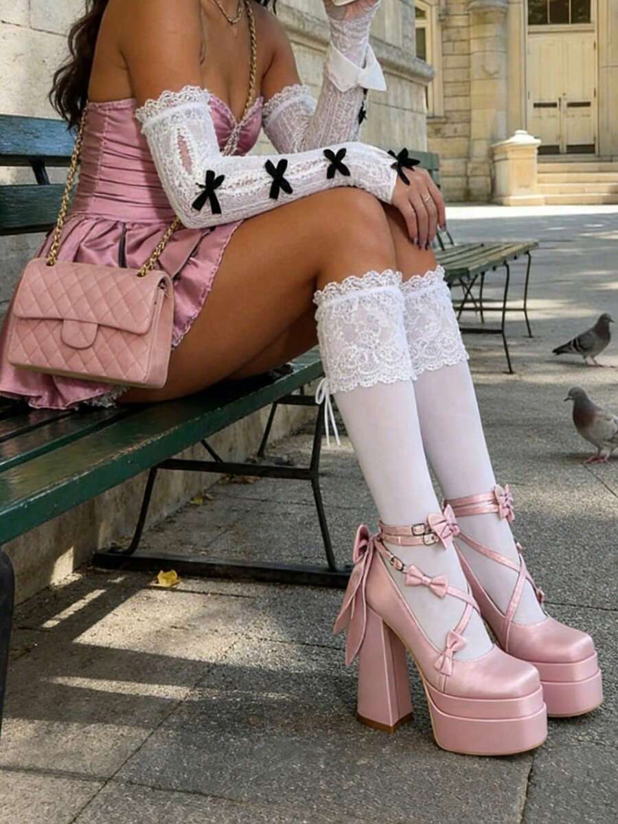 Bow Platform Chunky Heels For Women Satin Square Toe Mary Jane Cross Strap Pumps Elegant Outfits Party Dress Dancing Princess Shoes - 粉紅色2 - 查看 1