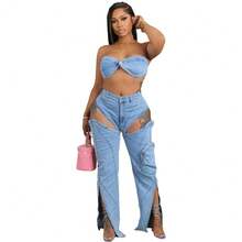 Casual, Fashionable, Youthful And Sporty Style, High-Quality Washed And Elastic Denim, Personalized Split Zipper, Three-Dimensional Pocket, Chest Hugging And Sexy Set - 藍色 - 查看 6