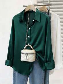 Plus Size Women's Fashion New Arrival Casual Satin Button-Up Shirt Spring - Green - View 1
