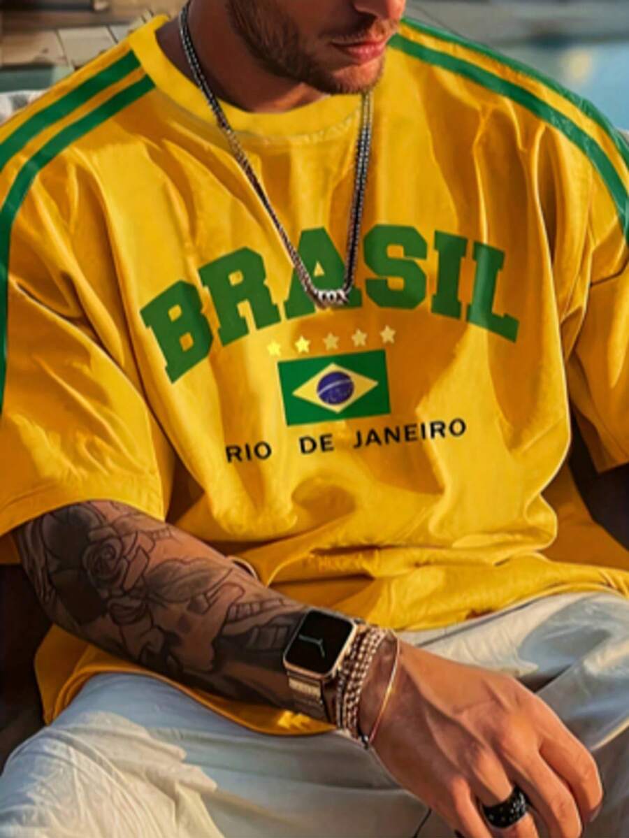 Plus Size Men's Casual Brazil Graphic T-Shirt - Short Sleeve Crew Neck, Colorful "BRASIL" Design, Suitable For Summer Or Everyday Wear