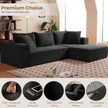 108" L-Shaped Boneless Couch, Modular Sectional Sofa with Moveable Ottoman, Corduroy Cloud Couches for Living Room, No Assembly, Ship in a Box, Black - Negro - Ver 1