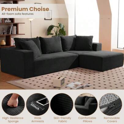108" L-Shaped Boneless Couch, Modular Sectional Sofa with Moveable Ottoman, Corduroy Cloud Couches for Living Room, No Assembly, Ship in a Box, Black