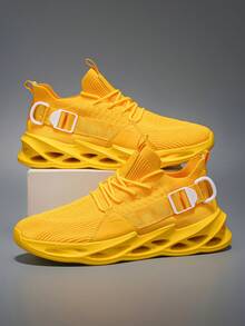 男士透气镂空针织休闲运动跑步鞋,四季皆宜 - 黃色 - 查看 2