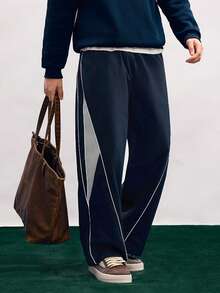 Open Phase Men 1pc Comfortable Elastic Waist Drawstring Casual Straight Loose Wide Leg Pants, Sporty Contrast Color, Fall Spring To Summer Relaxed Fit For Men ,Summer Holiday Outfits , Retro American, Unisex, Relaxed Fit Summer Outfits – Suitable For Everyday Wear And Summer Holiday Outfits. - Navy Blue - View 2