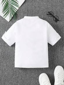 男孩簡約白色帥氣捲袖襯衫，返校季，中大童，薄款舒適立領，時尚設計，捲袖，外套式鈕扣襯衫 - 白色 - 查看 2