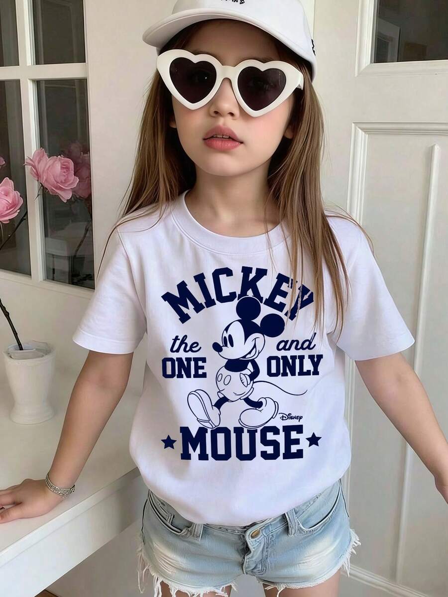 Disney Must-Have Mickey Mouse T-Shirt For Sweet & Cool Girls, Navy Blue Contrast Vintage Letter Print Crew Neck Short-Sleeve, Girly Daily Casual Top - trắng - Xem 1