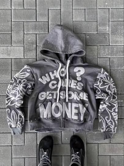"WHO?CARES GETSOME MONEY" Lettered Foam Zip-Up Hoodie, Streetwear, Hip-Hop Style.  Casual    Polyester    Zipper  Drawstring    Daily    Four Seasons