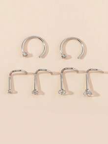 6 piezas Anillos de nariz de acero inoxidable con circonita y pendientes de nariz negros - Plateado - Ver 4