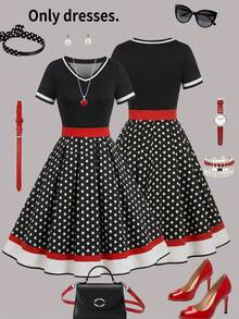 Women's Retro Black And White Polka Dot Midi Dress With Elegant V Neck Short Sleeves And Flared A Line Skirt - Black - View 2