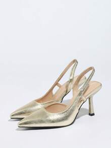 Women's Pointed Toe Chunky Heel Suede Pumps With Back Strap, Breathable Closed Toe High Heel Slingbacks For Summer - Gold - View 4