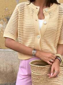 Áo khoác cardigan nữ tối giản, thanh lịch, màu trơn, phù hợp với phong cách thường ngày, công sở và nữ tính, mùa xuân/hè. - Màu be - Xem 6