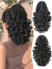 12 Inch Black Deep Wave Thermoplastic Fiber Synthetic Ponytail Hair Extension, Claw Design, Suitable For Women's Party And Daily Use - Black - View 2