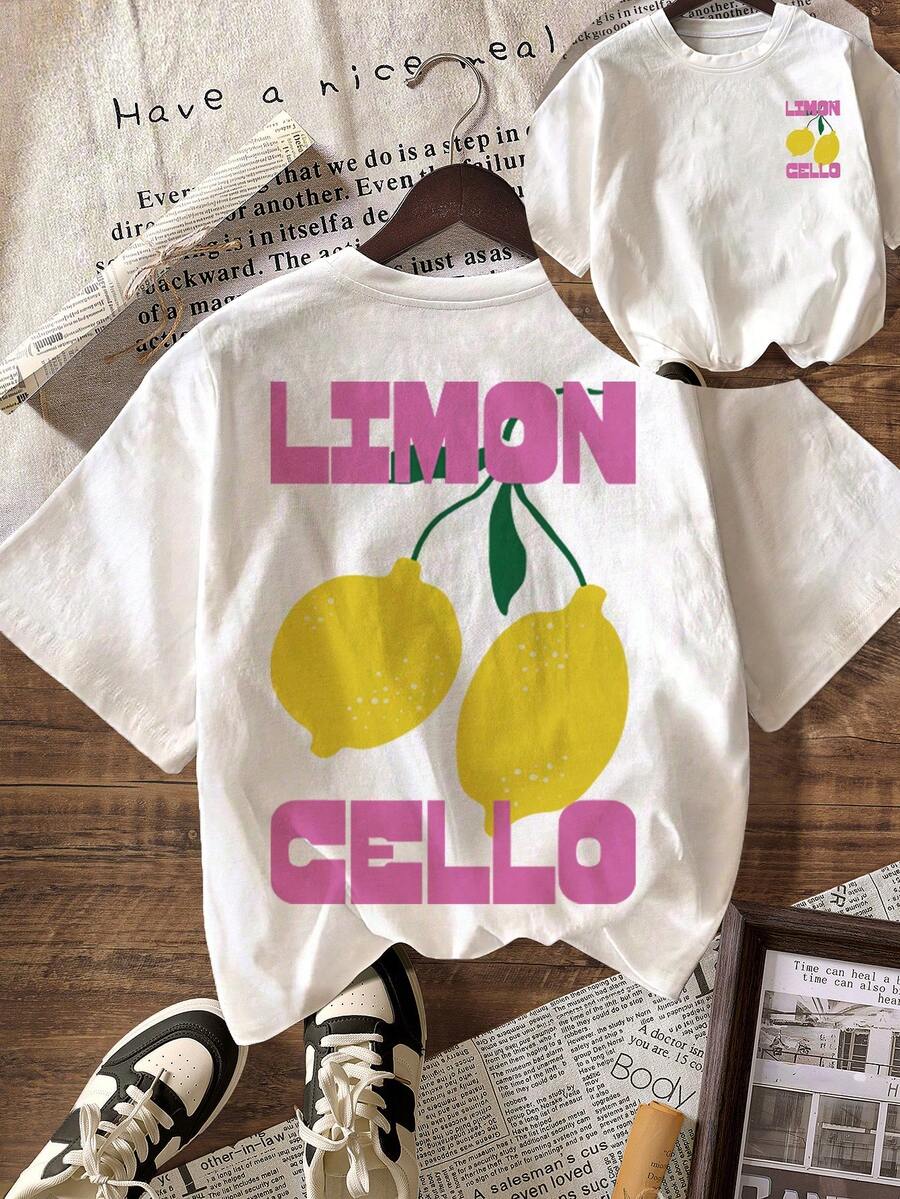 LIMON CELLO Lemon Graphic Crew Neck Short Sleeve T-Shirt, Women Casual Summer Vacation Beach - White - View 1