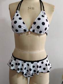 Bộ bikini chấm bi cổ điển mới, viền bèo nhún, trang phục đi biển gợi cảm, phù hợp cho mọi mùa hè. - Đen và trắng - Xem 4
