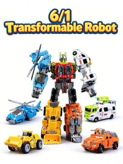 Bộ đồ chơi robot khổng lồ 6 trong 1 bằng hợp kim - Đội cứu hộ thành phố, đồ chơi biến hình đa chức năng, quà tặng Giáng sinh và Năm mới mang tính giáo dục cho bé trai.