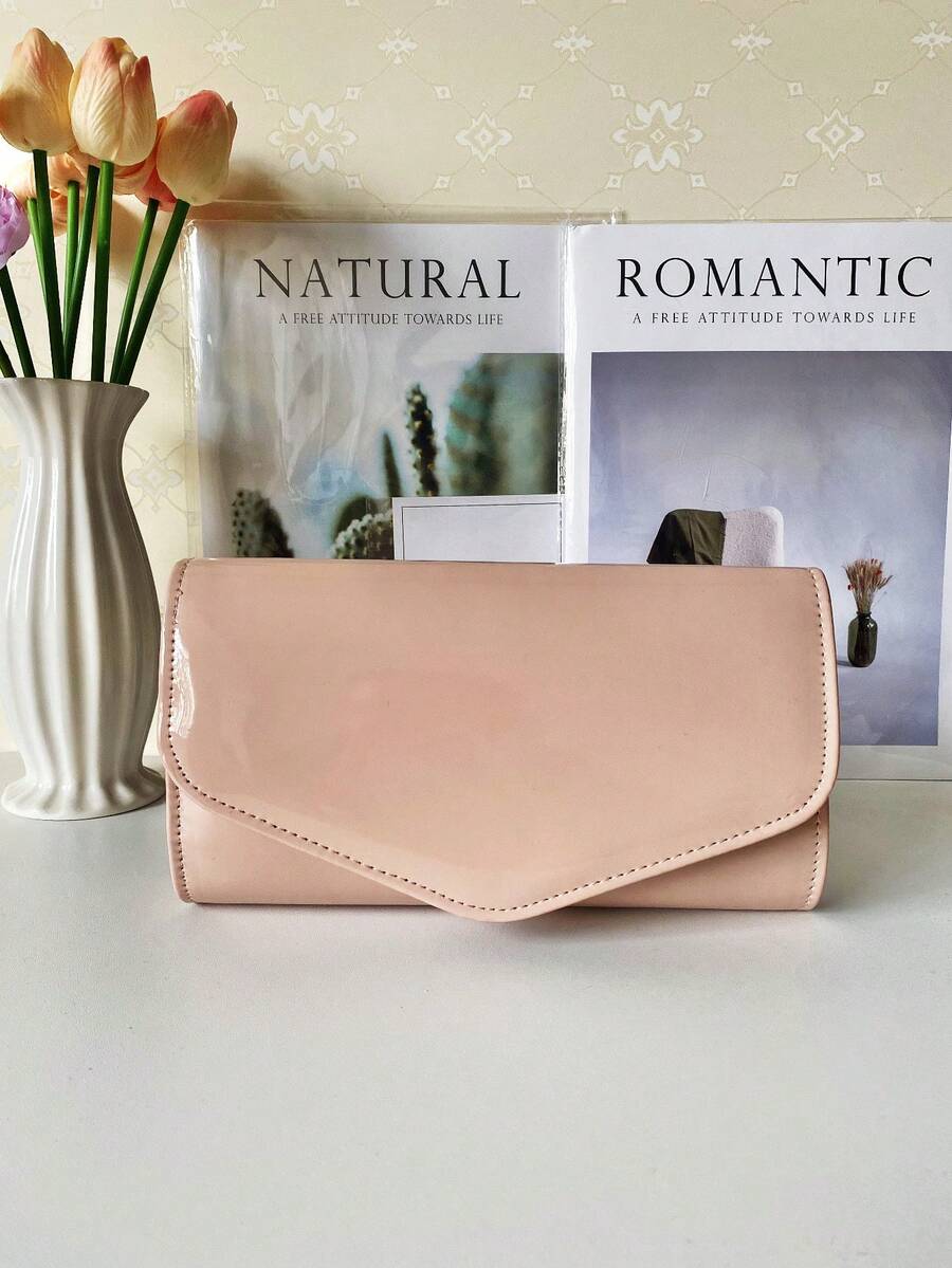 2025 New Fashion Silver Metal Evening Bag, Women's PU Leather Shiny Mirror Flap Clutch, Elegant Party Shoulder Bag With Chain Wallet - Baby Pink - View 1