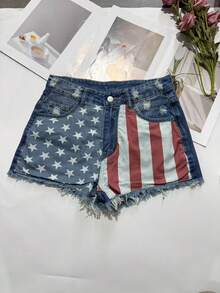 Casual Women's Straight Leg Denim Shorts With Raw Hem Ripped Details And American Flag Star And Stripe Pattern - Blue - View 5