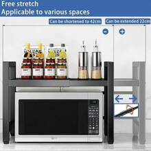 2 Tier Expandable Microwave Shelf Rack With 6 Hooks, Adjustable Kitchen Counter Organizer Shelves Microwave Stand Countertop Pot Pan Grill Storage Racks 40-64cm - Black - View 4