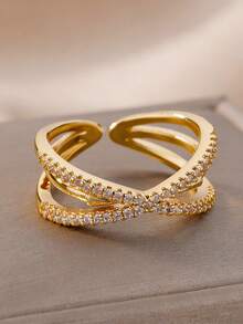 Anillo de cruz de acero inoxidable con baño de oro de 18K y plata, con remaches de circonita cúbica, joyería antidecoloración para mujer, boda, días festivos, regalo del Día de la Madre - Multicolor - Ver 8