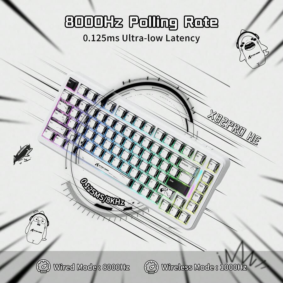 ATTACK SHARK X82 PRO HE 75% 游戏键盘 | 8K 轮询率 0.1ms 延迟 | 三模式霍尔效应 RGB PBT 键帽 - 彩色 - 查看 1