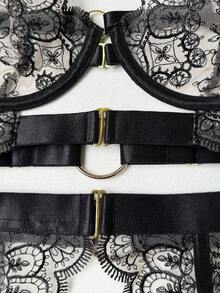 Women's Sexy Embroidered Floral Sheer Lingerie Set, Exotic Style - Black - View 8