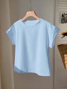 2026 SUMMER TopComfortcana Women's Casual Coffee Brown Round Neck Short Sleeve T-Shirt, SummerLoose And Comfortableshirt - 淺藍色 - 查看 3