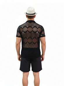 Men's Premium Lace Shirt - Chic Sheer Muscle Fit Resort Style - Black - View 2