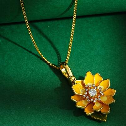 1pc Sweet Enamel Multi-Layer Yellow Flower Pendant Necklace, Hand-Painted Sunflower Decor, Suitable For Women's Daily Wear