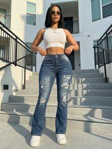 Women's High Waisted Distressed Straight Leg Jeans - Ripped Blue Denim Pants With Patch Detail Aesthetic Streetwear - 深色水洗藍 - 查看 5