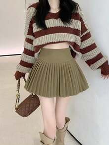 女士时尚百褶迷你裙，无弹羊毛面料，休闲A字及膝裙，适合秋冬春季穿着 - 卡其色 - 查看 5