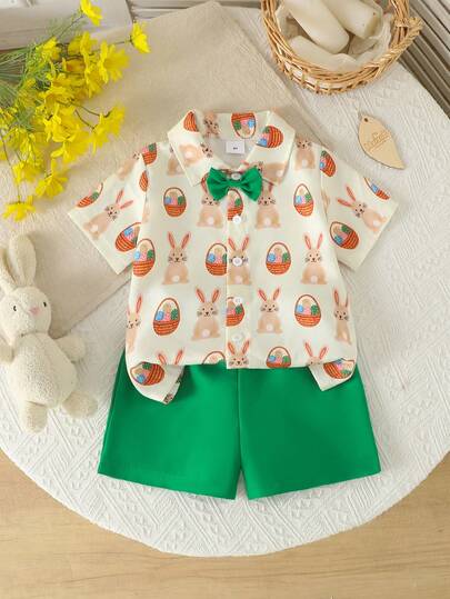 Set de 2 piezas de camisa polo de manga corta y pantalones cortos con gráfico de cesta y corbata de lazo de Pascua para niños pequeños, adecuado para uso al aire libre, primavera/verano