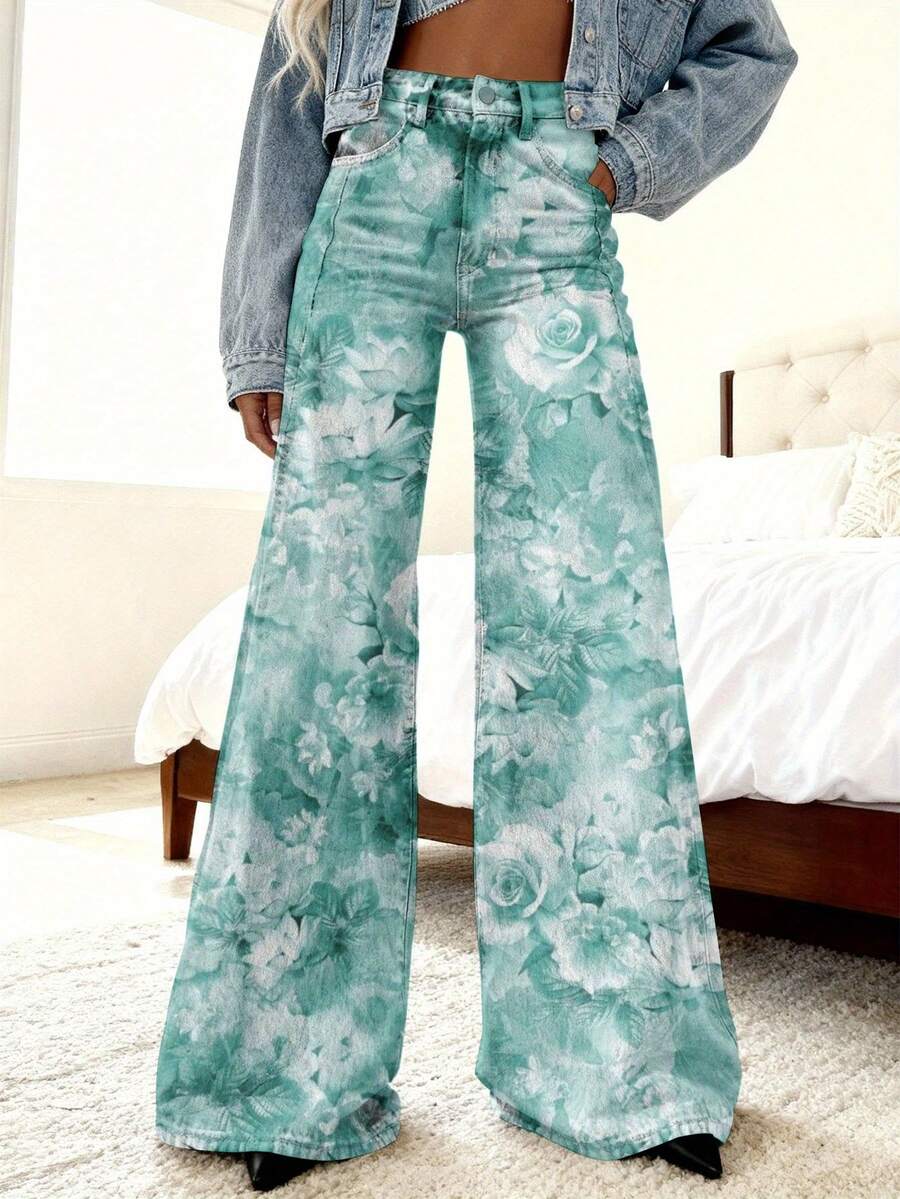 3D Women'S Imitation Faux Denim Teal Floral Tie Dye Pattern Print Autumn And Winter Suitable For Color Blocking, Plus Size, Loose Fitting, Embroidered, Durable Clothing, Embellished Faux Denim For Women, Faux Denim For Women High Waist Baggy Barrel - 彩色 - 查看 1