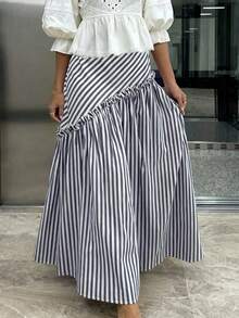 Falda versátil de línea A con volantes y rayas, de moda casual para mujer, primavera - Azul Marino - Ver 5